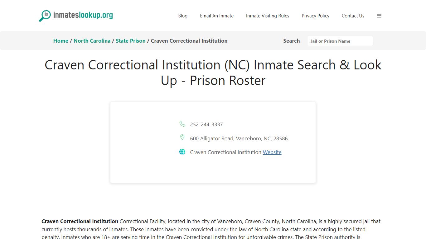 Craven Correctional Institution (NC) Inmate Search & Look Up - Prison ...