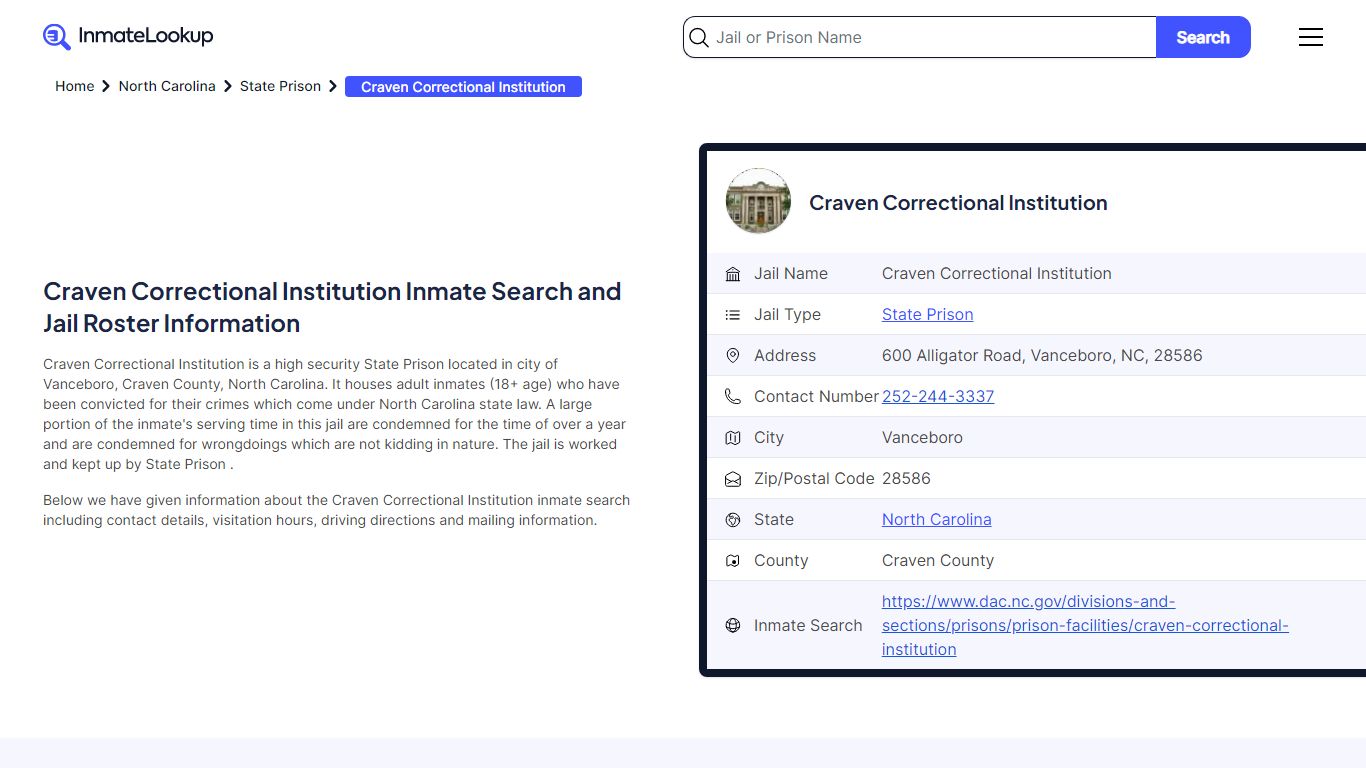 Craven Correctional Institution Inmate Search - Vanceboro North ...